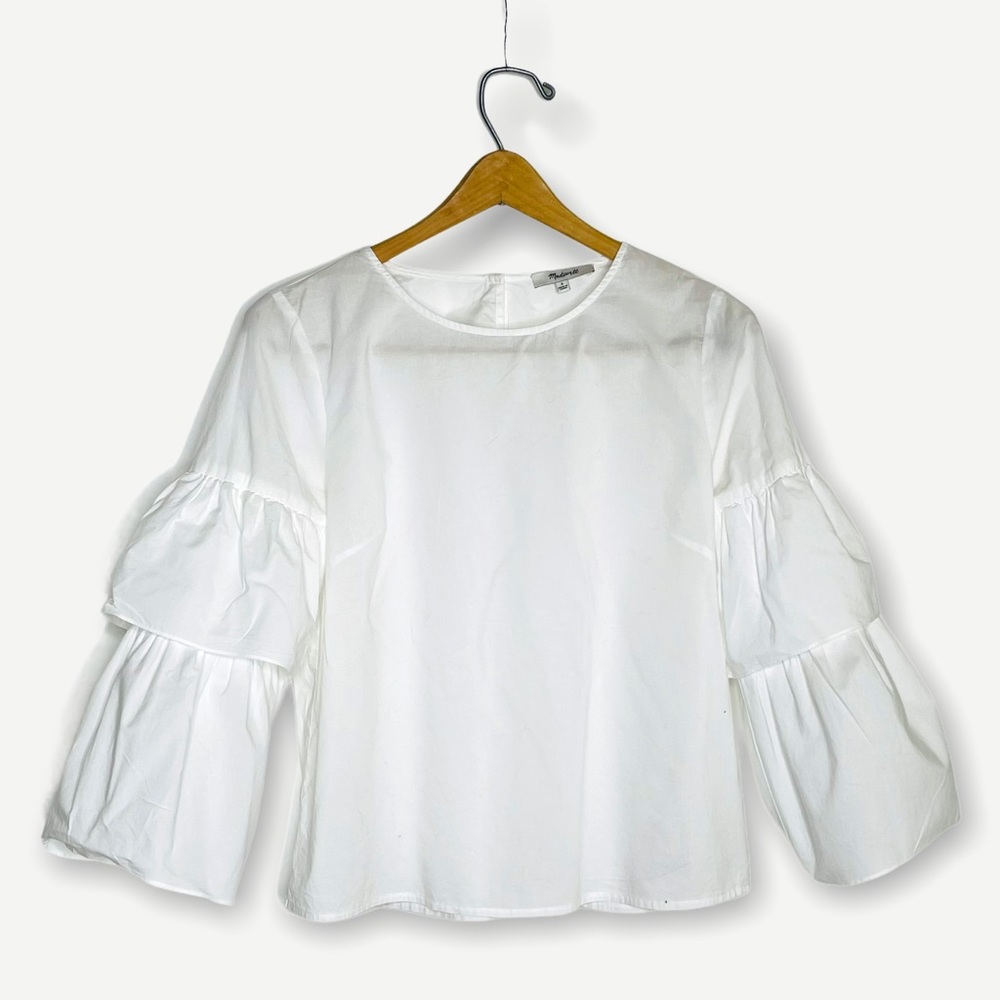 Madewell White Tiered Sleeve Cotton Poplin Blouse Size Small